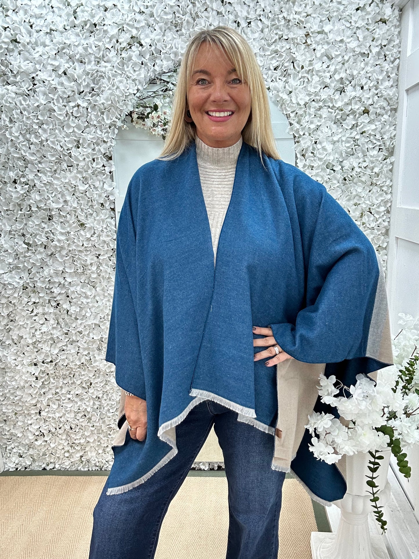 Nellie: Blue & cream wool blend cape. Free size