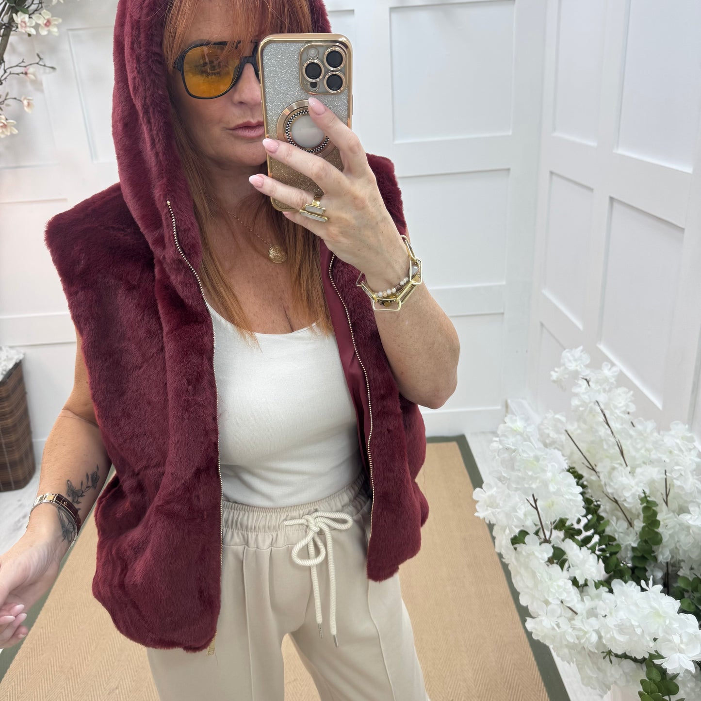 Sophie:  Burgundy faux fur hoodie gilet. One size 12-18