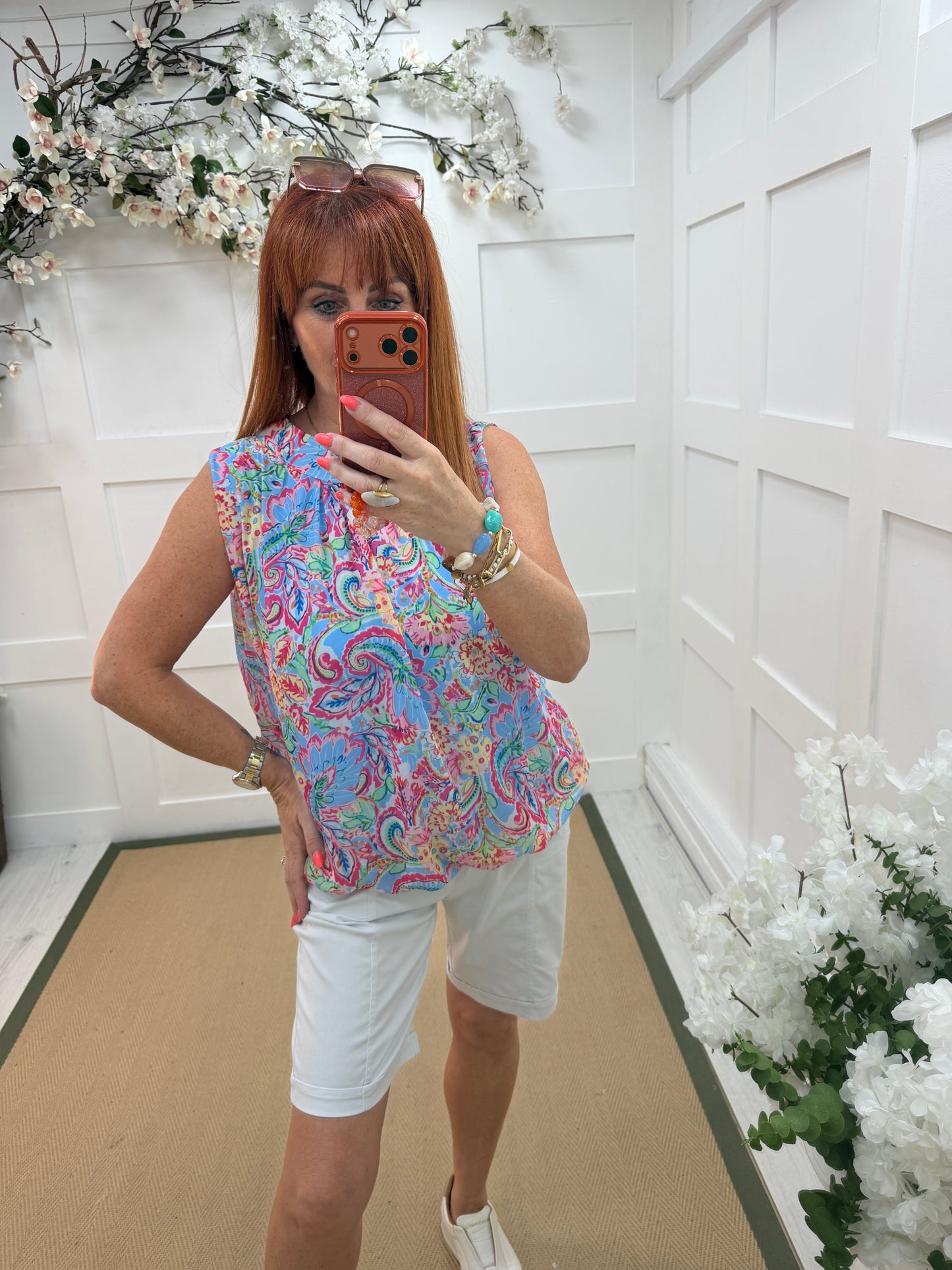 Kendall: Sleeveless high neck floral printed top. One Sz: 10- 18. 3 colours