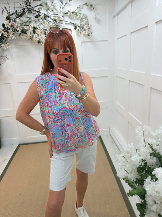 Kendall: Sleeveless high neck floral printed top. One Sz: 10- 18. 3 colours