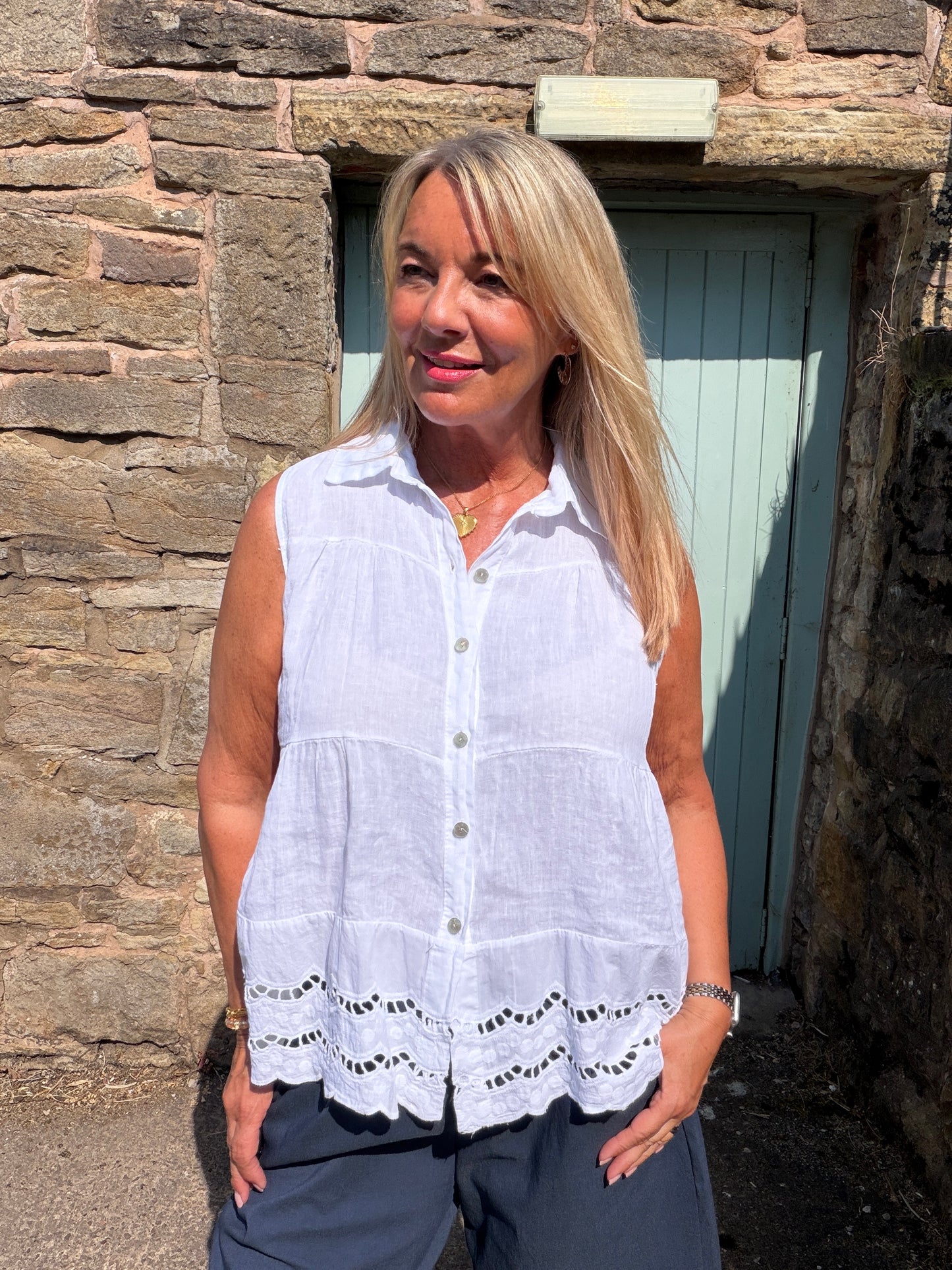 Rosa: Linen embroidered shirt top. One size: 12-16. 4 colours