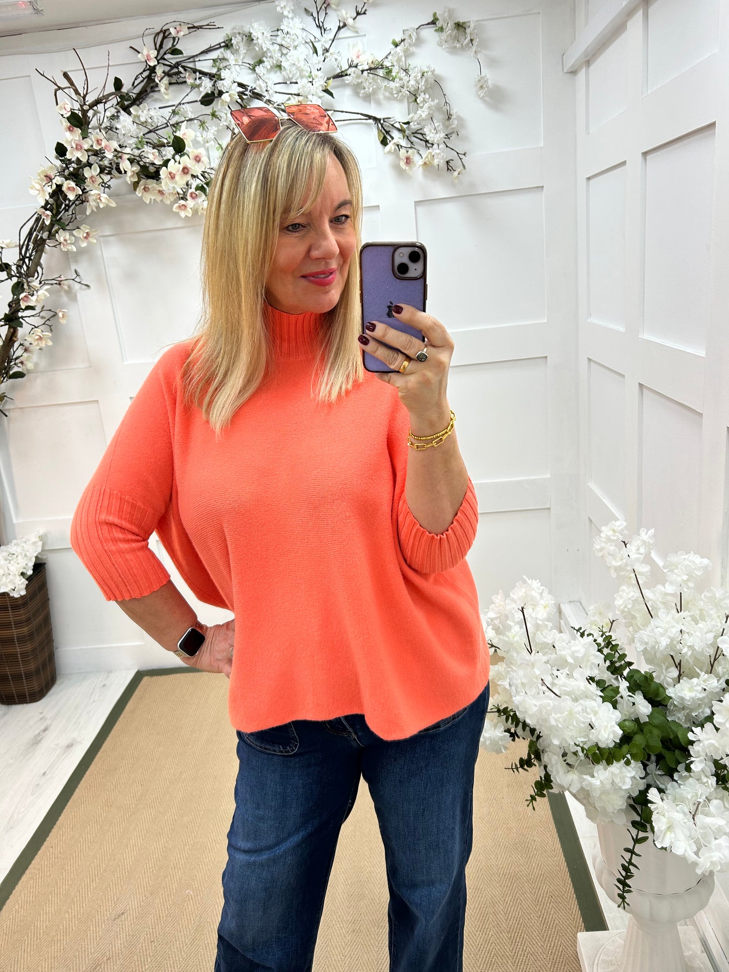 Sammie: Coral high neck knitted top. One Sz: 12-18