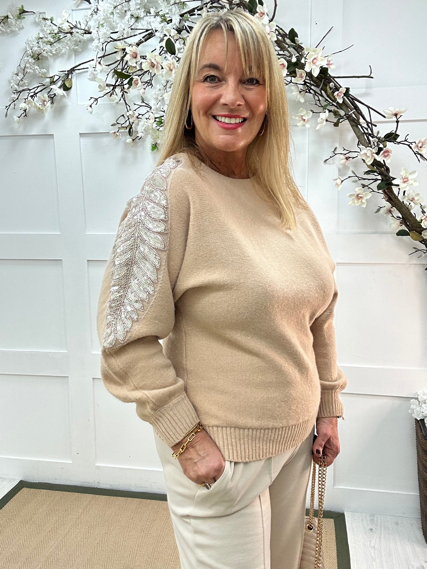 Crystal: Sand sequin embellished knit top. One size: 14-20