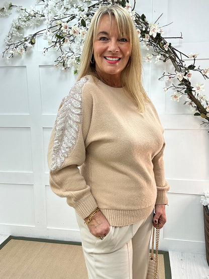 Crystal: Sand sequin embellished knit top. One size: 14-20