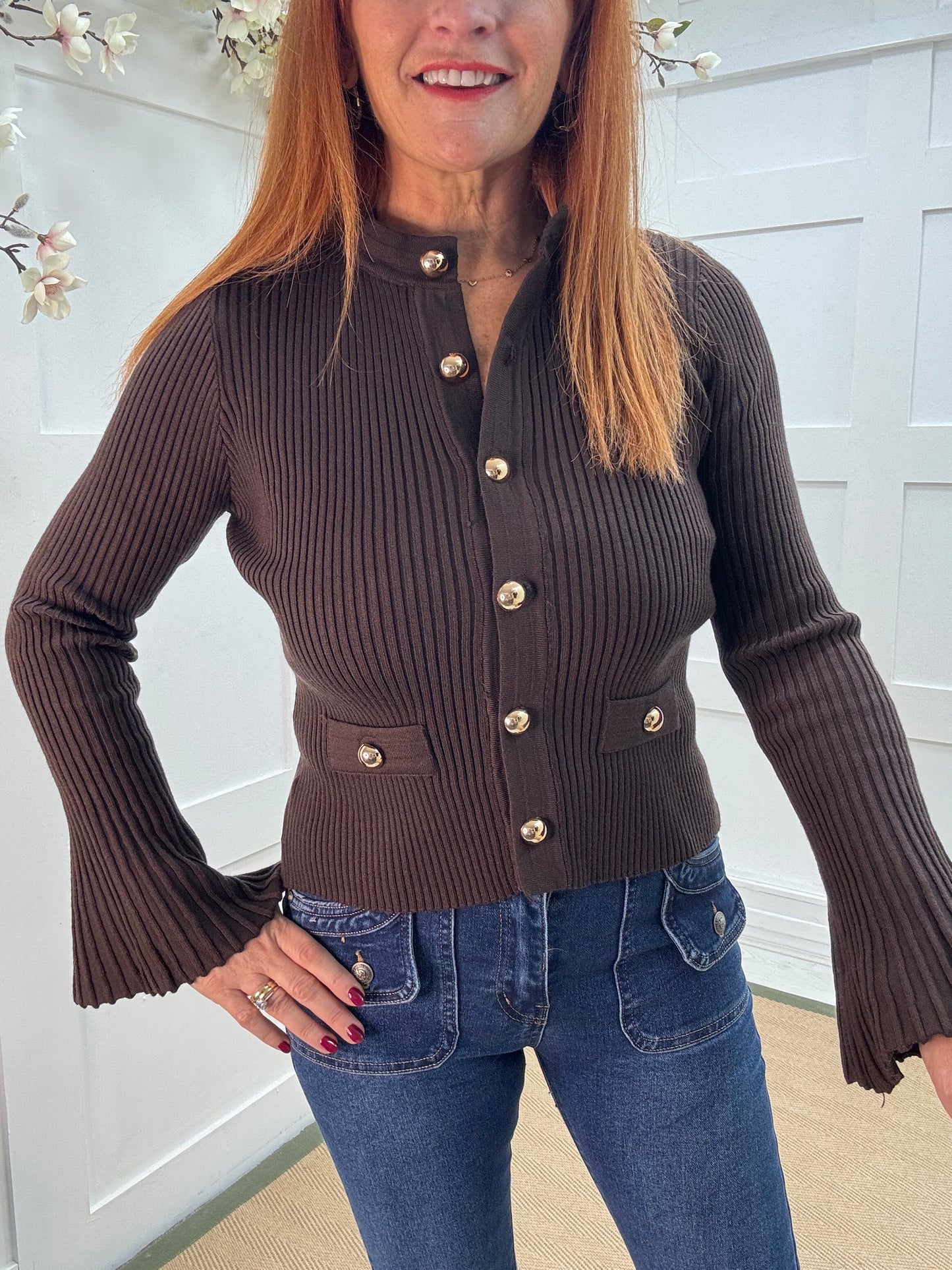 Verity: Brown gold button cardigan top. One Sz: 10-16