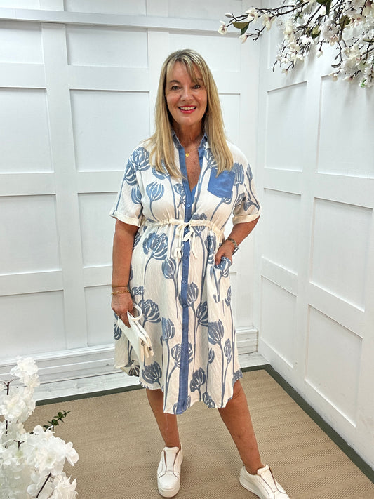 Mila: White & blue short sleeve shirt dress. 2 sizes.