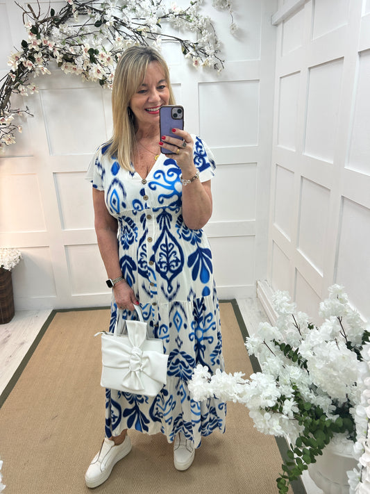 Sienna: Stretchy blue abstract aztec print maxi dress. One size 10-18