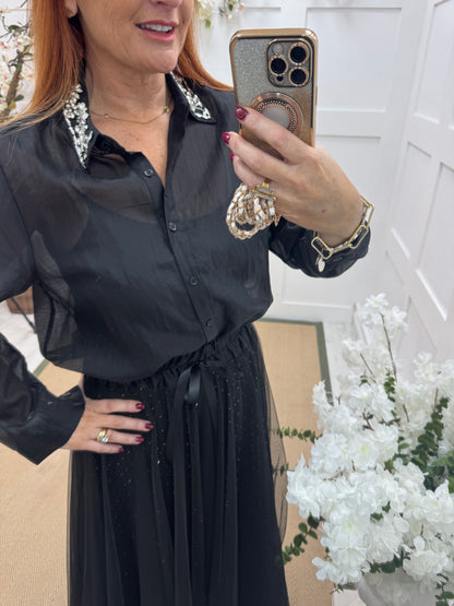 Azira: Black rhinestone collar sheer shirt. One size: 10-16