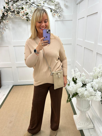 Bridie: Sand clover button detailed waffle top. One size 14-20