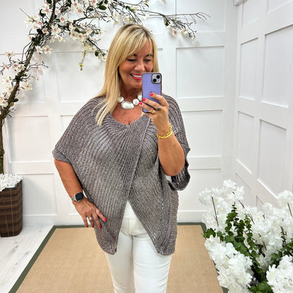 Harriet: Pewter lurex cross over top. One size: 16-24