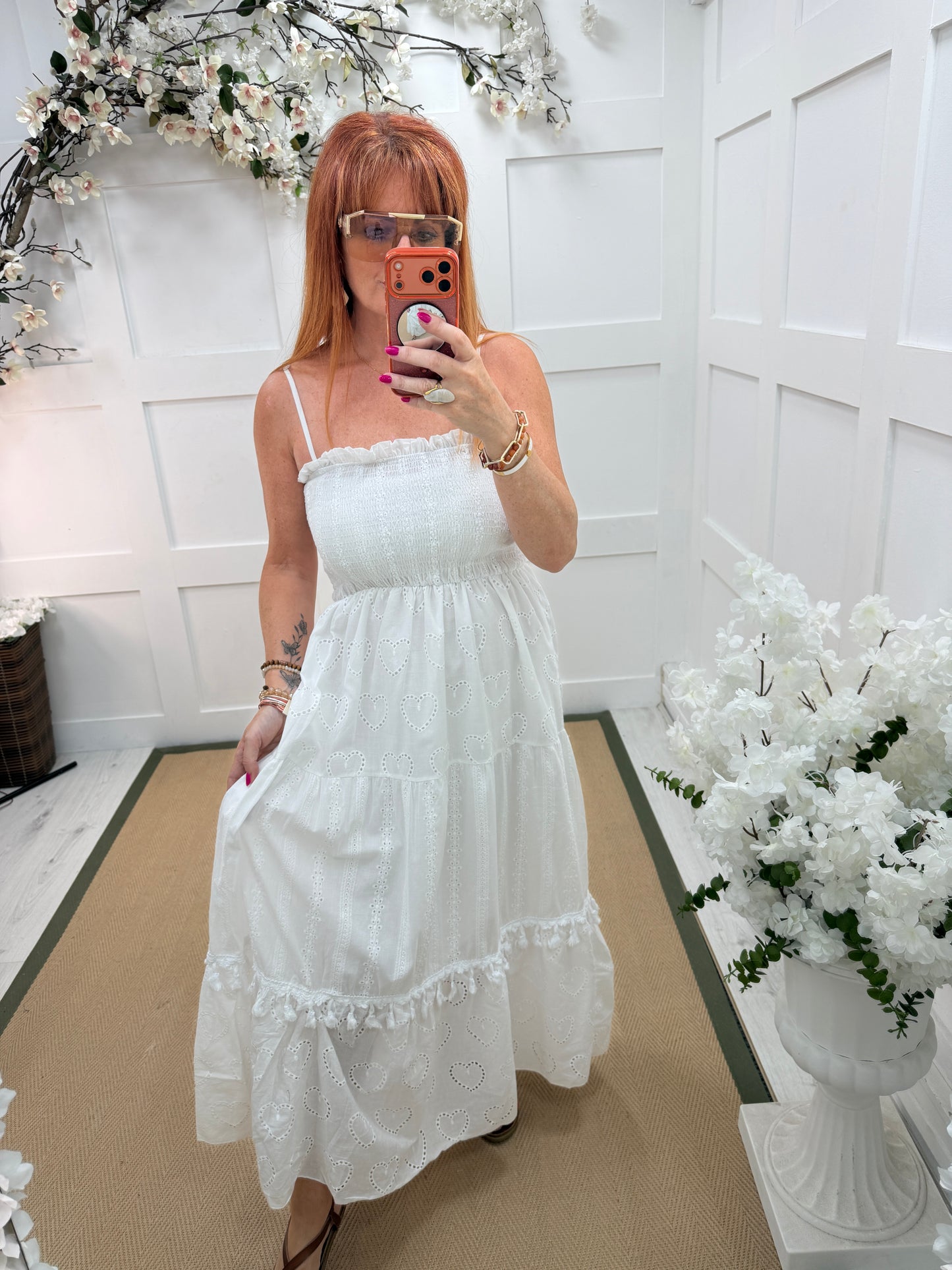Bobbi: Broderie Anglaise strappy midi dress. One size: 10-16. 2 colours