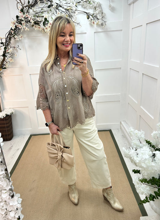 India: Coffee cotton crochet shirt . One size: 14-18