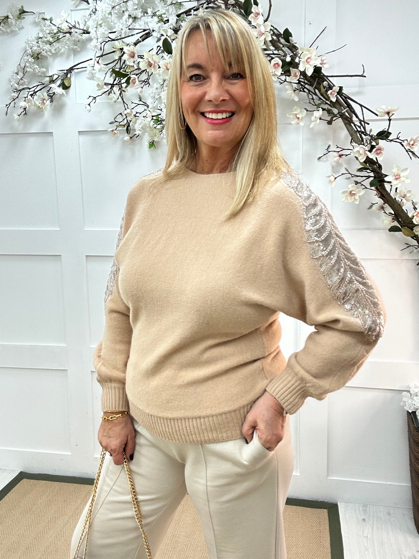 Crystal: Sand sequin embellished knit top. One size: 14-20