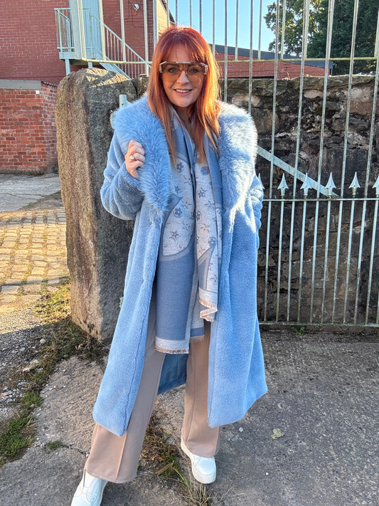 Madeleine: Blue long faux fur coat . One size 12-18