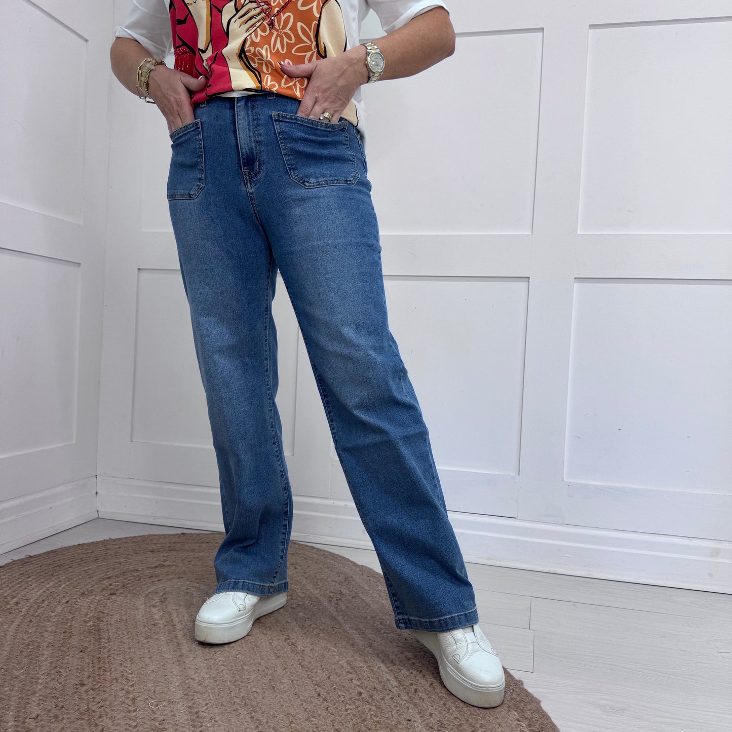 Ava: Mid blue wide leg pocket jeans. Sizes: 8-16
