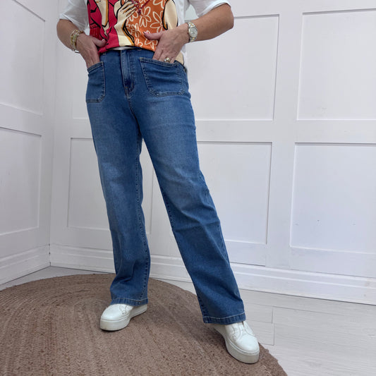 Ava: Mid blue wide leg pocket jeans. Sizes: 8-16