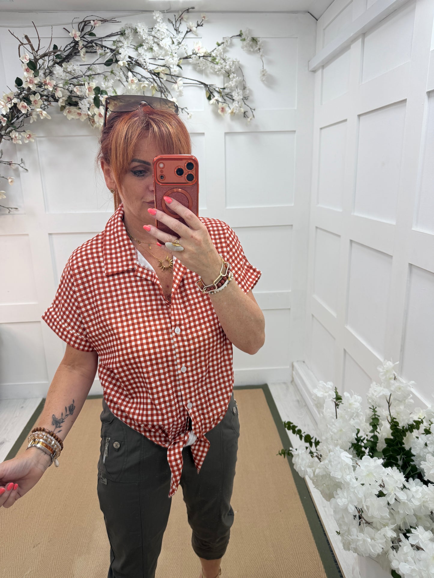Cassie: Check tie waist shirt. One size: 10-14. 4 colours