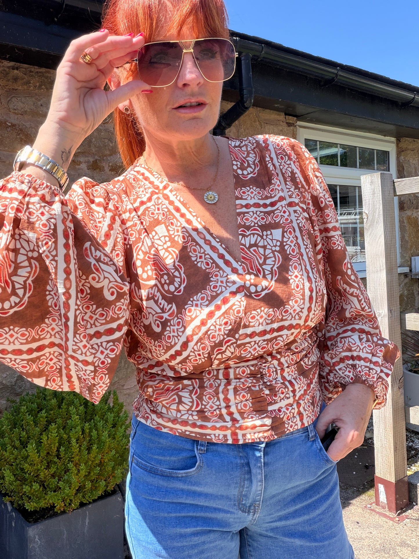Tanya: Wrap style long balloon sleeve printed top. 3 sizes. 2 colours