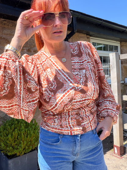 Tanya: Wrap style long balloon sleeve printed top. 3 sizes. 2 colours
