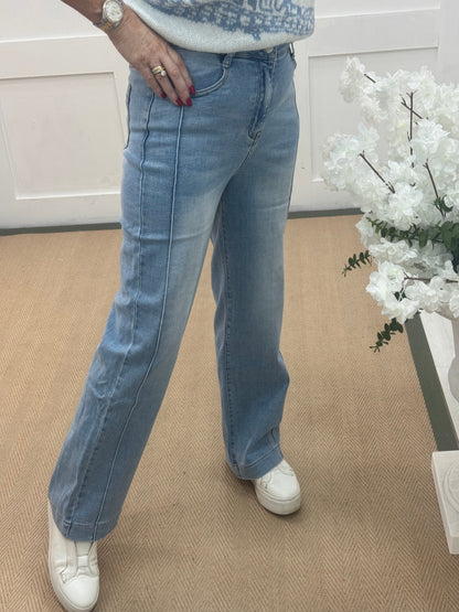Nancy: Washed denim high waist wide leg jeans. Sizes: 8-18