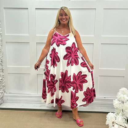 Helena: Burgundy big flower maxi dress. One size: 14-22