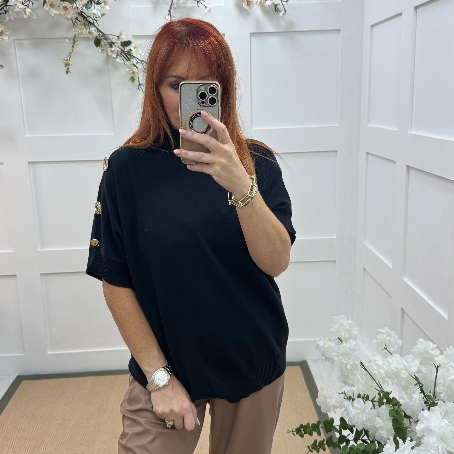 Camille: Black short sleeve gold button top. One Size 12-20