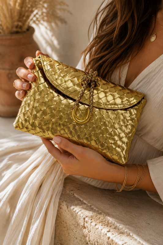 Mae: Gold woven clutch bag