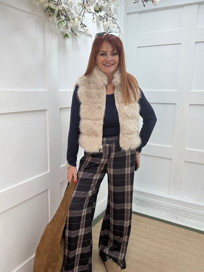 Tamara: Navy wide leg tartan check trousers. One size 10-16