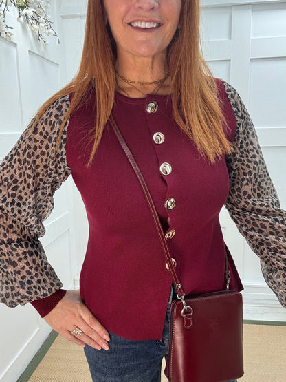 Carol: Burgundy leopard print sleeve fitted top. One size 10-14