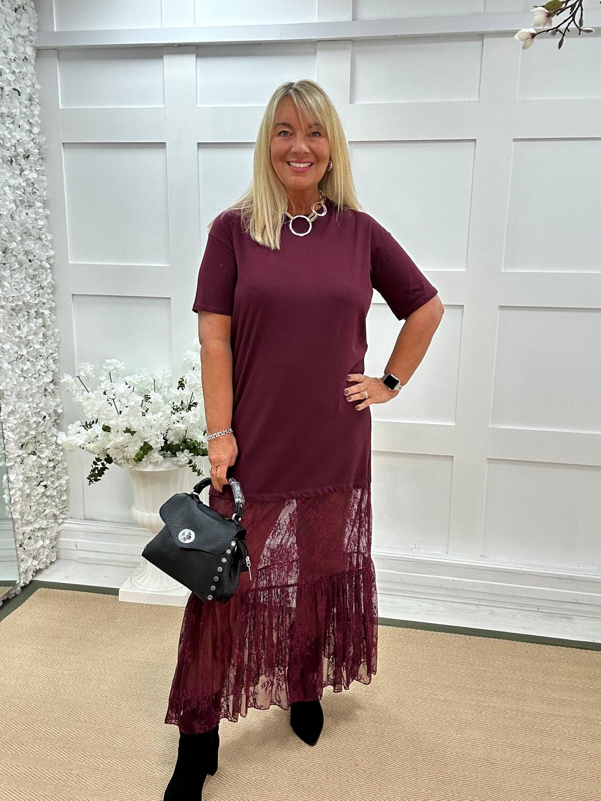 Celeste: Burgundy lace maxi dress. One size: 14-18