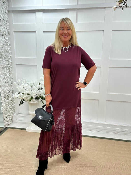 Celeste: Burgundy lace maxi dress. One size: 14-18