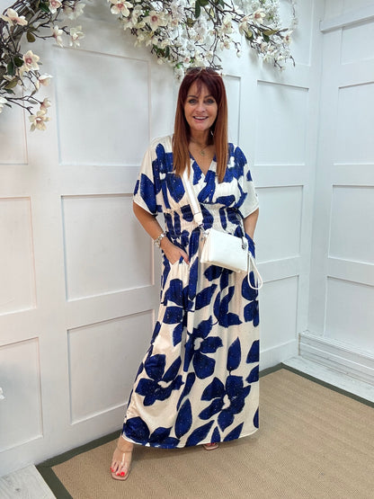 Eva: Stretchy blue & white leaf maxi dress. One size 12-22