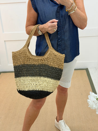 Luna: Camel, brown & cream woven tote bag
