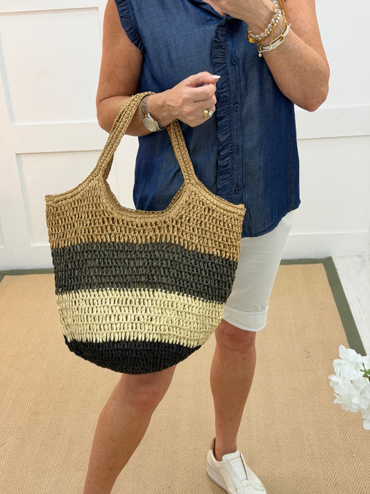 Luna: Camel, brown & cream woven tote bag