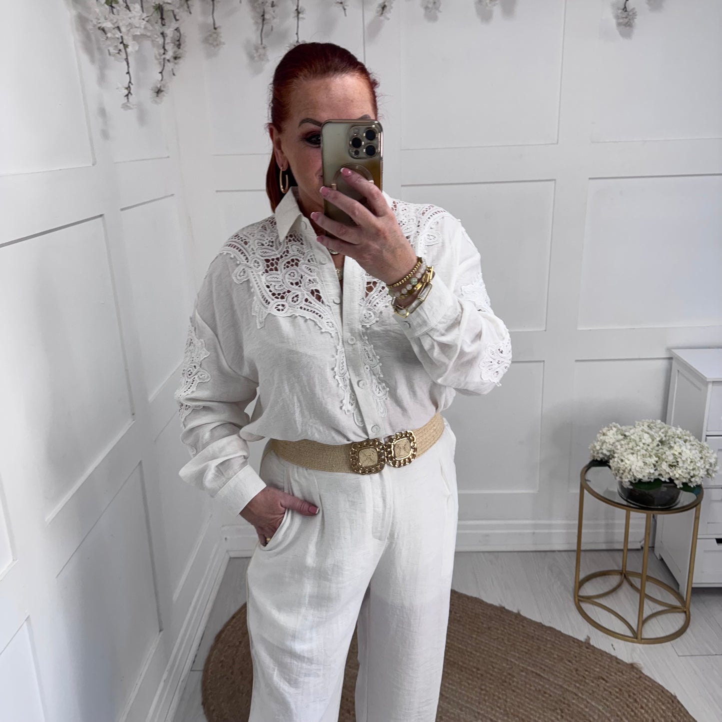 Skye: White oversized crochet shirt. One size: 16-20