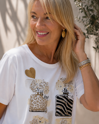 Pip: White floral perfume T shirt. One size: 10-16. 2 colours