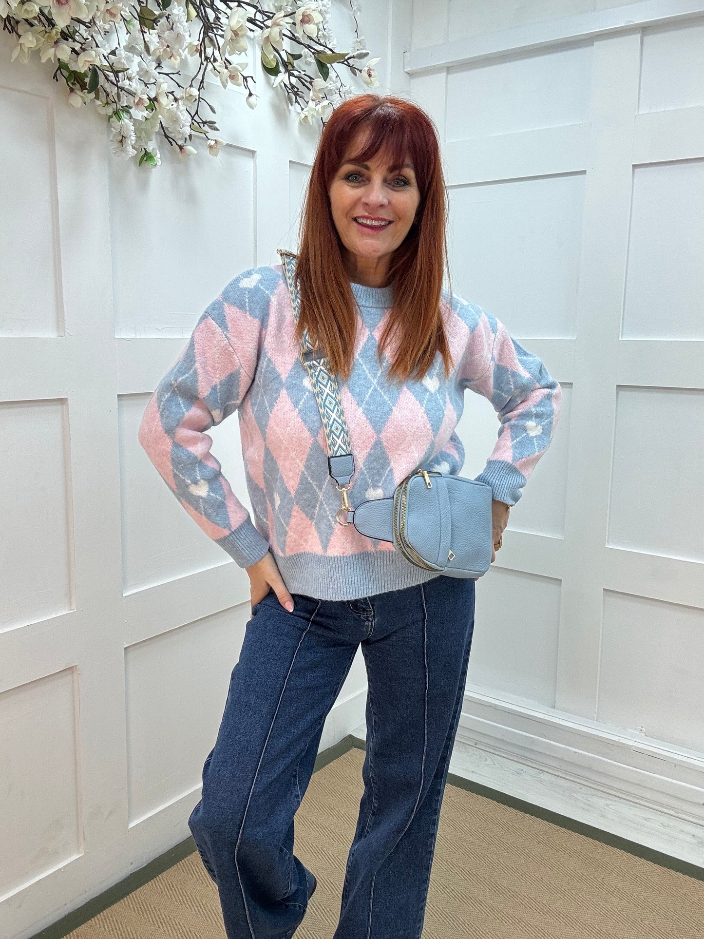 Allana: Baby blue & pink argyle knit top. One size: 10-18