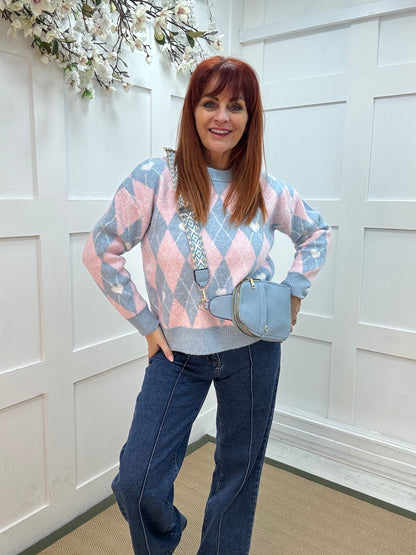 Allana: Baby blue & pink argyle knit top. One size: 10-18