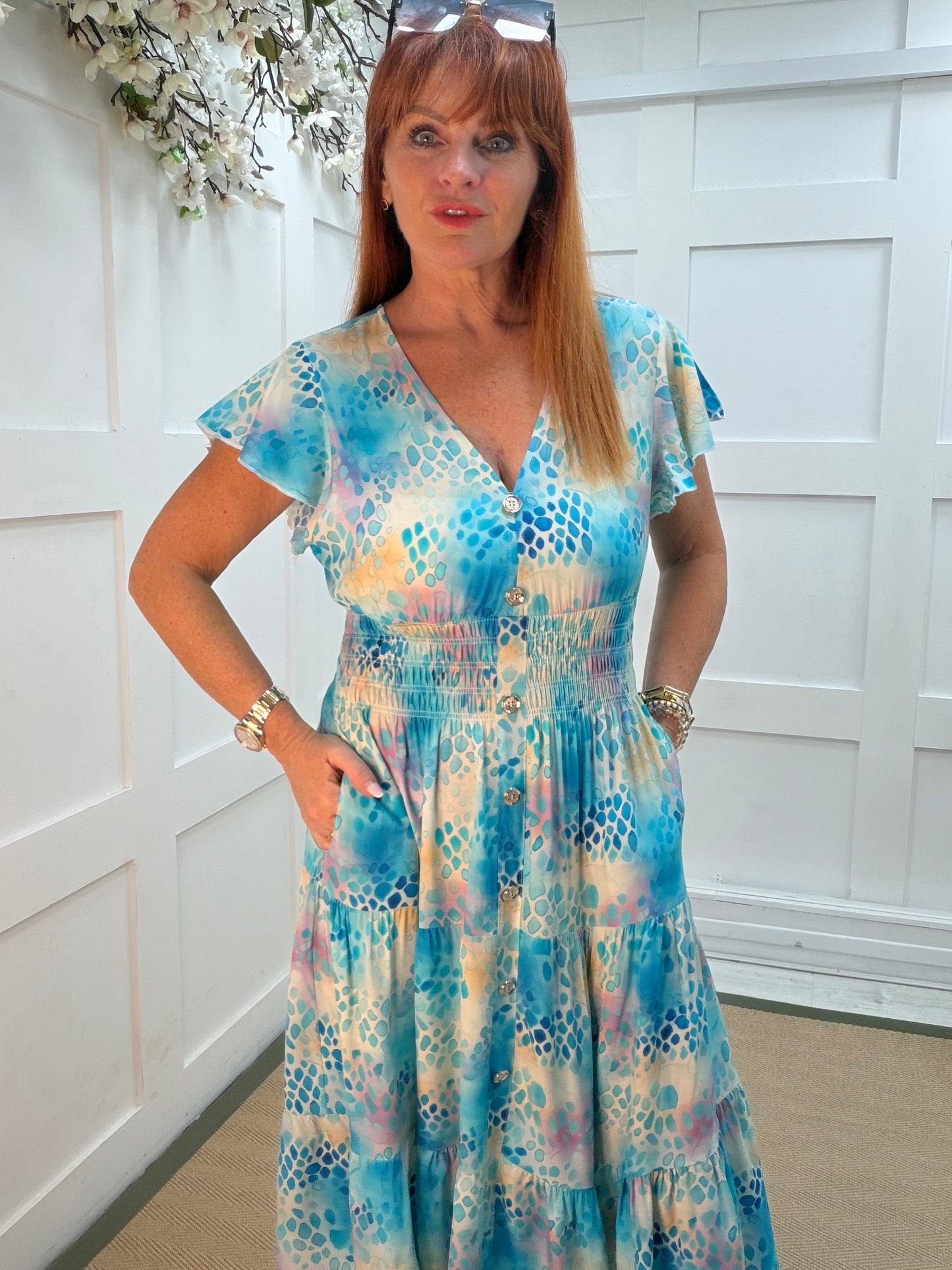 Malin: Aqua blue & lemon stretchy V neck midi dress. One size: 10-18