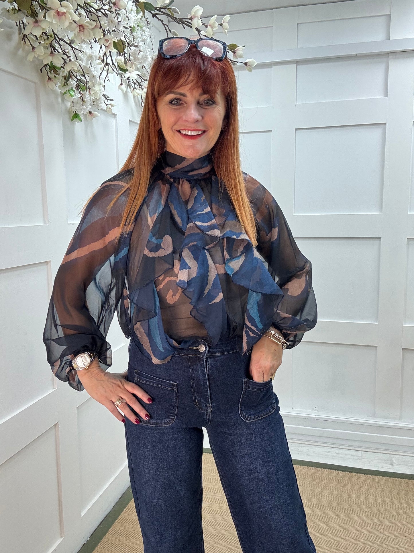 Paloma: Navy & mocha abstract sheer ruffle blouse. One size: 10-16