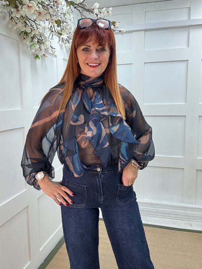 Paloma: Navy & mocha abstract sheer ruffle blouse. One size: 10-16