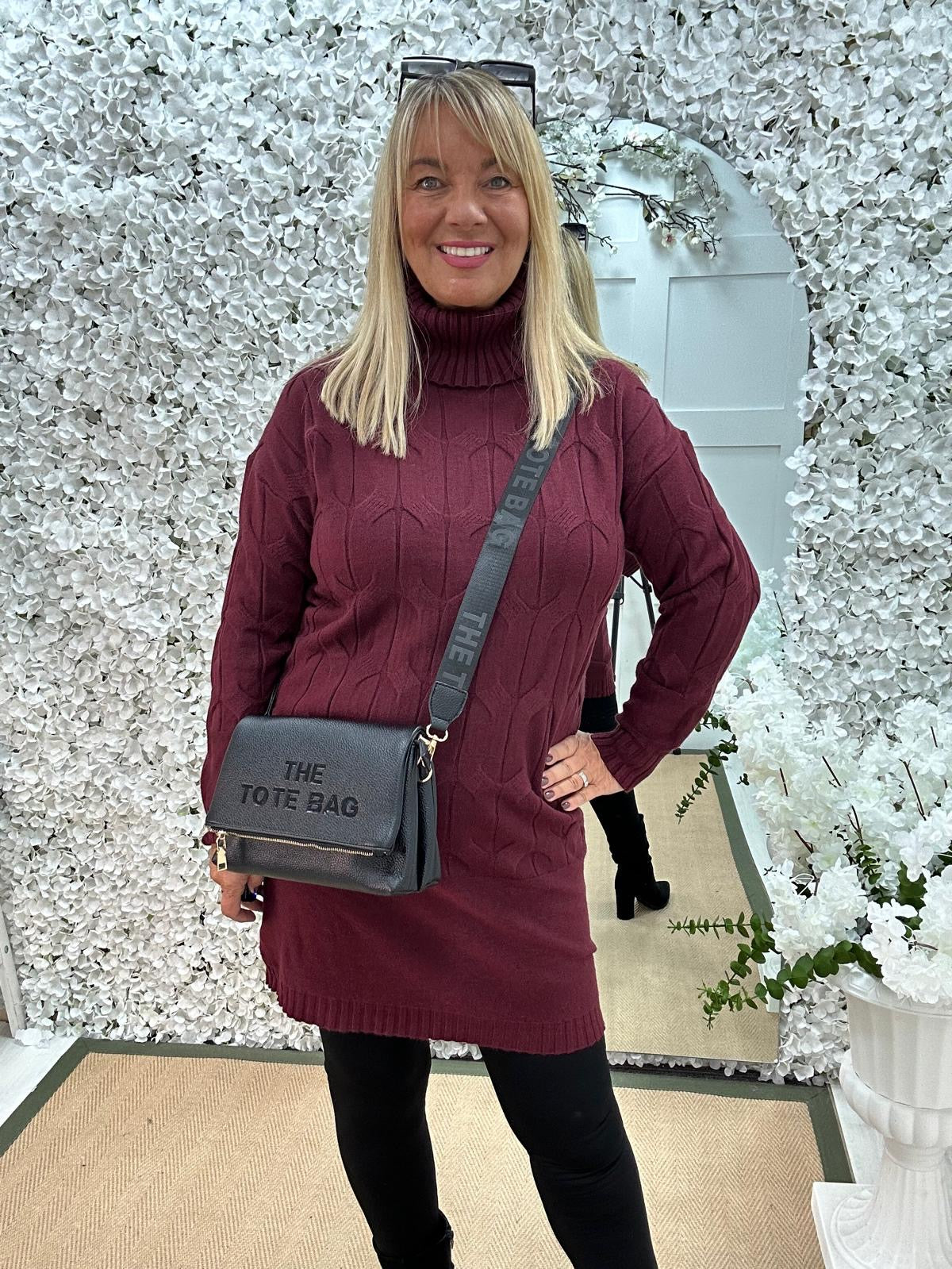 Destiny: Burgundy high neck knitted jumper dress. One Sz: 12-18