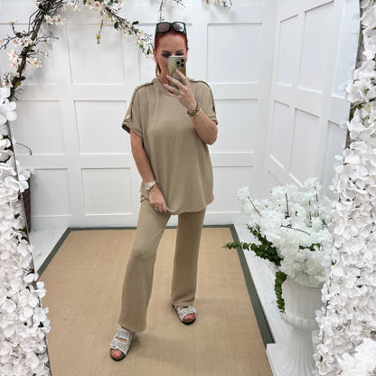 Tasha: Sand & gold button loungewear set. 2 sizes