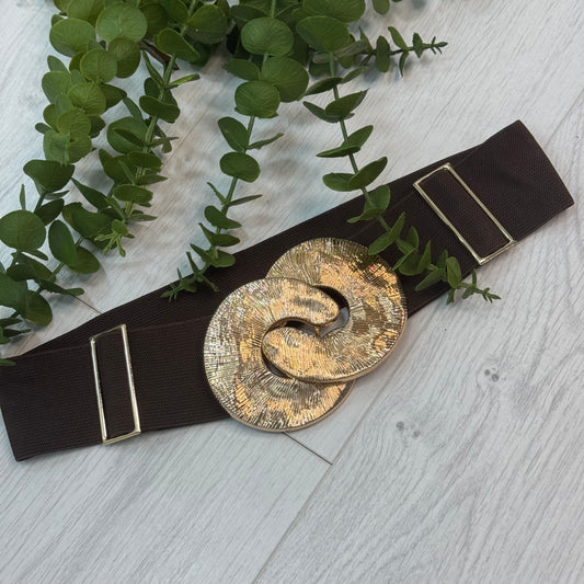 Ellie: Brown & gold statementbelt. One size: 8-18