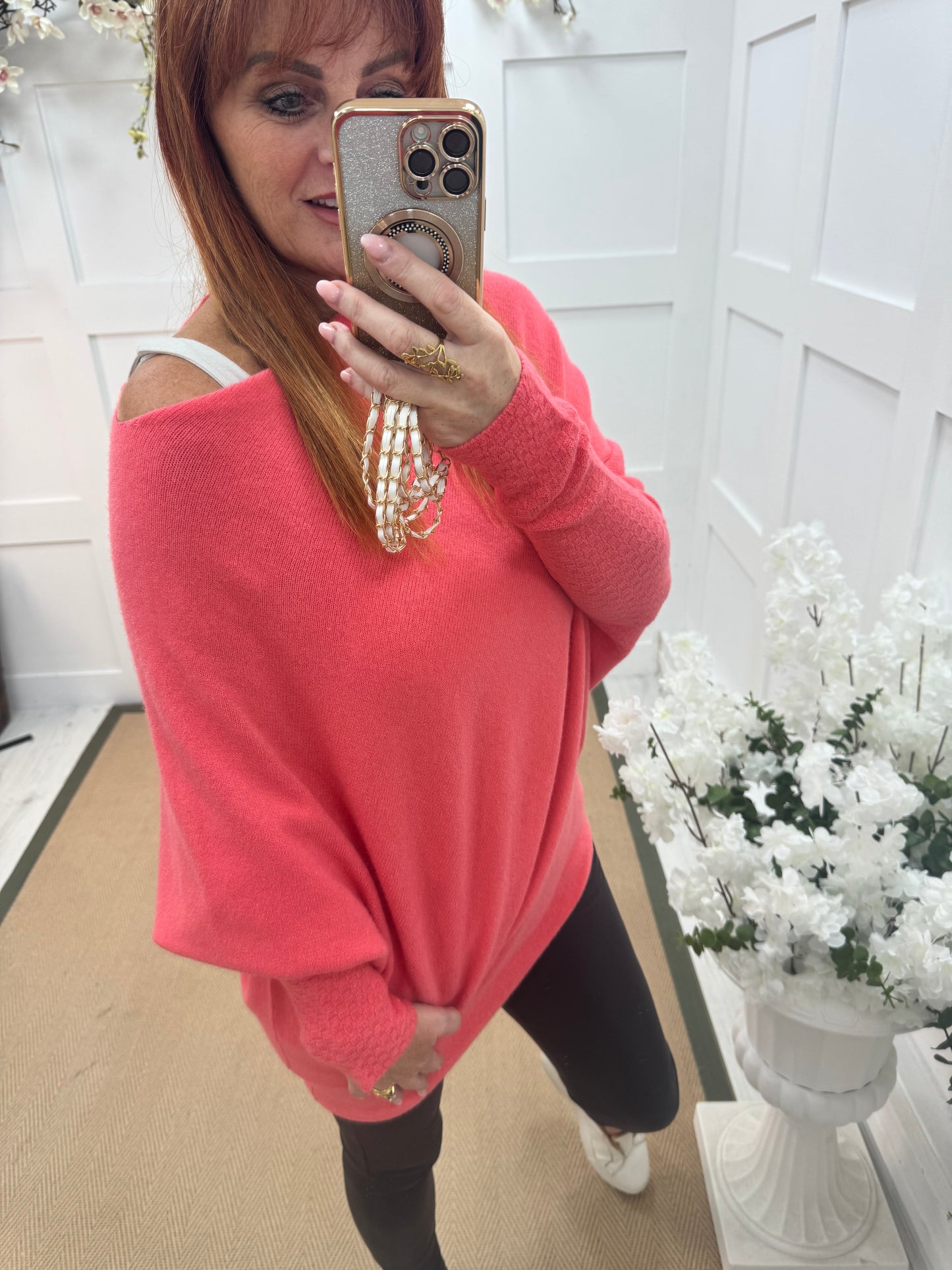 Erica: Watermelon pink asymmetrical slouch soft knit top. One size 10-18