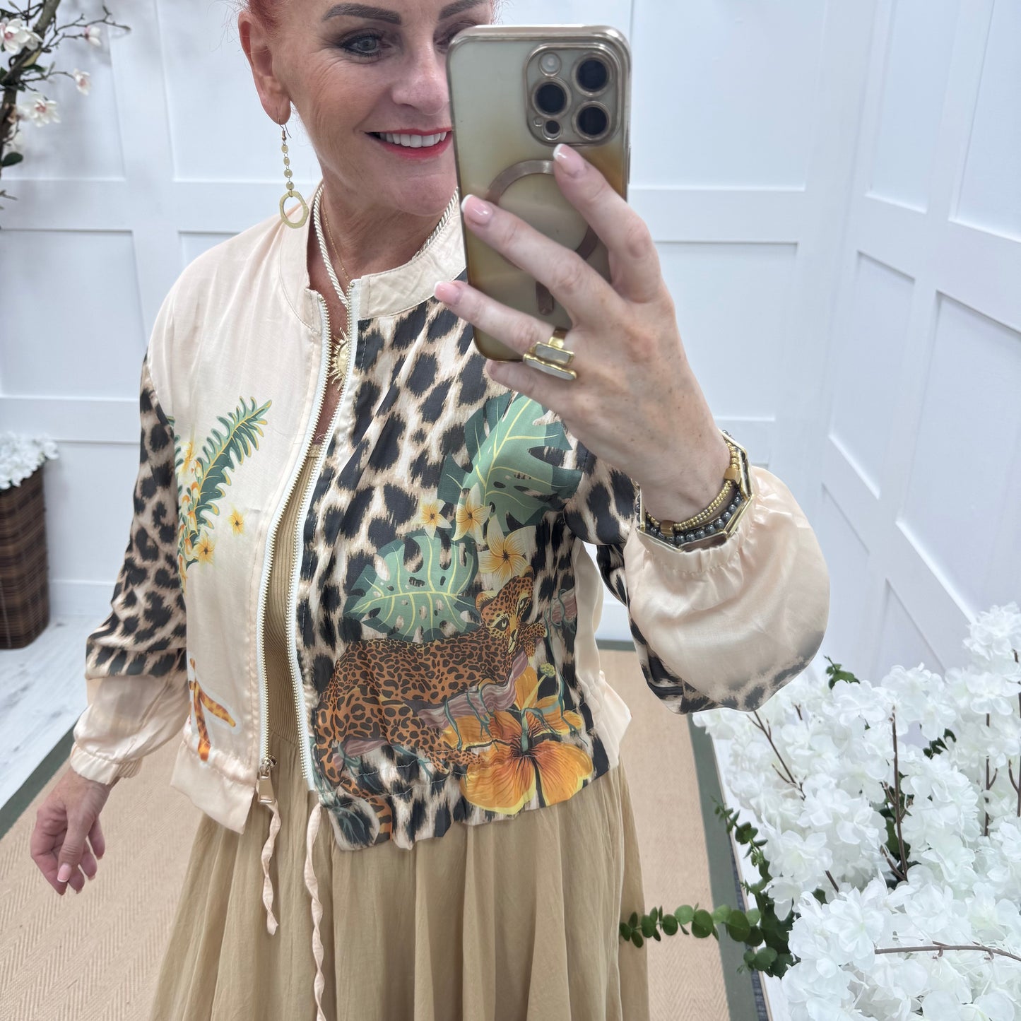Boo: Silky tropical & leopard print bomber jacket. One size: 10-18