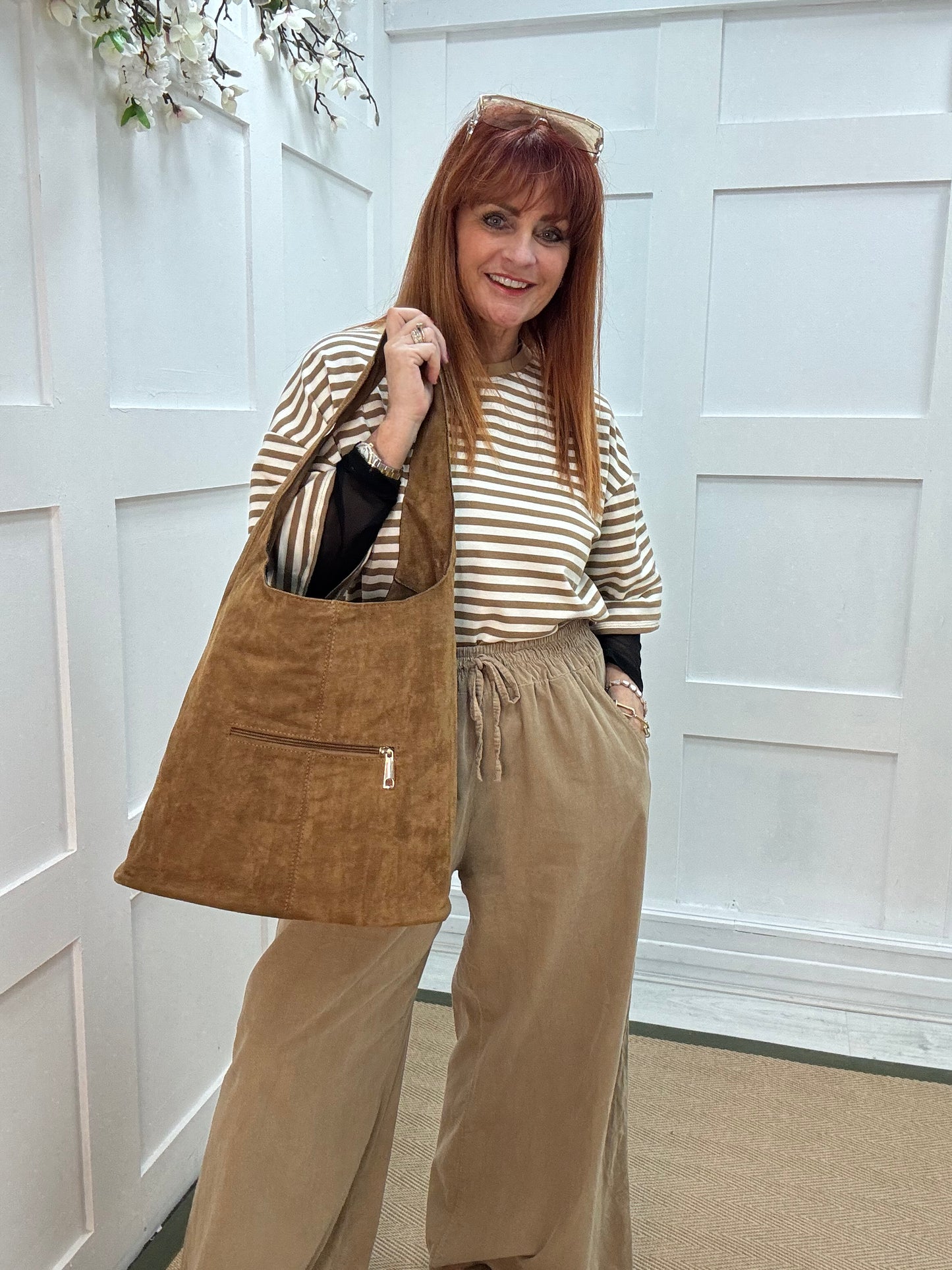 Sable: Tan vegan suede slouchy bag