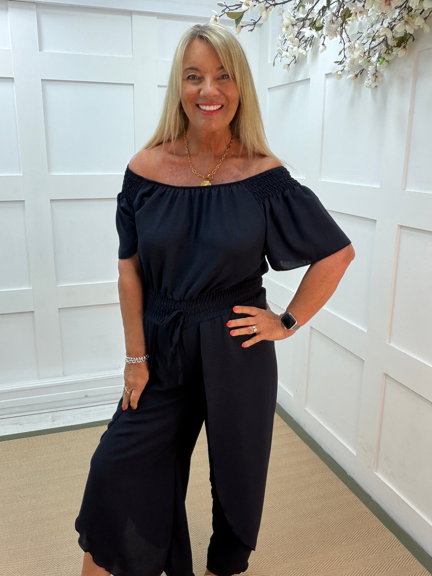 Juniper: Bardot wide leg jumpsuit with shirred waist. One size: 12-16. 3 colours