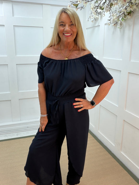 Juniper: Bardot wide leg jumpsuit with shirred waist. One size: 12-16. 3 colours