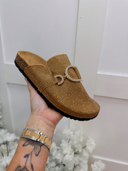 Mandie: Camel sparkle buckle mule. Sizes: 3-8
